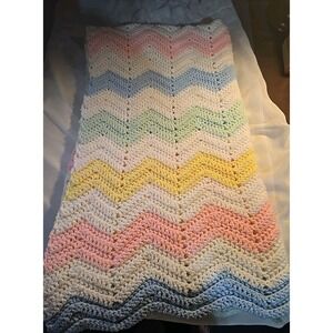 Rainbow Pastel~‎ Crochet Baby Blanket Afghan~56" x 29"~ Handmade~ EUC~Gift